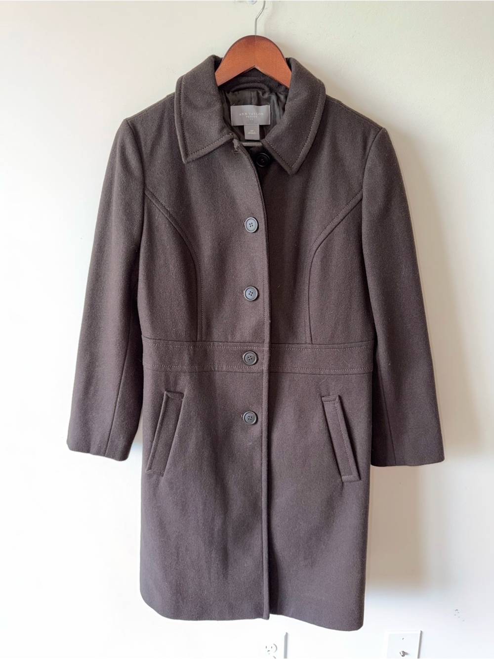 Ann Taylor Petites Brown Wool-Blend Single-Breasted Pea Coat Slant Pockets